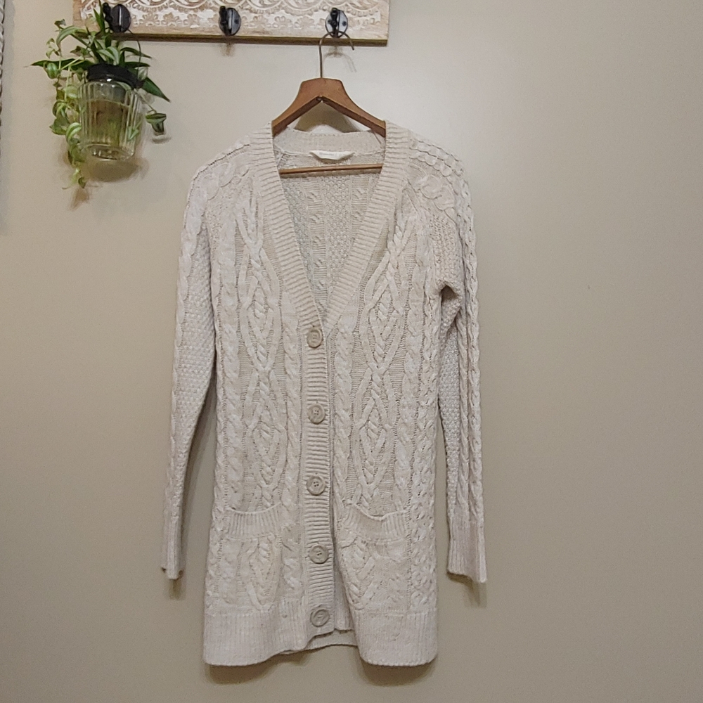 Bluenotes Cable Knit Cardigan Long Beige Sweater Button Down Women’s Size XS